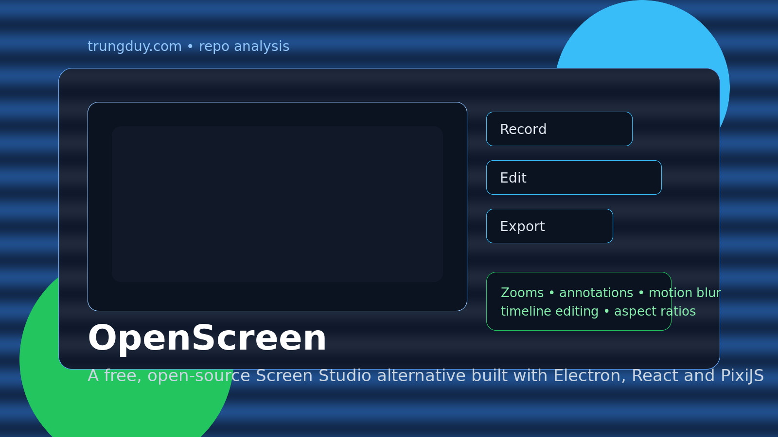 OpenScreen repo analysis featured illustration with screen recorder UI and export workflow