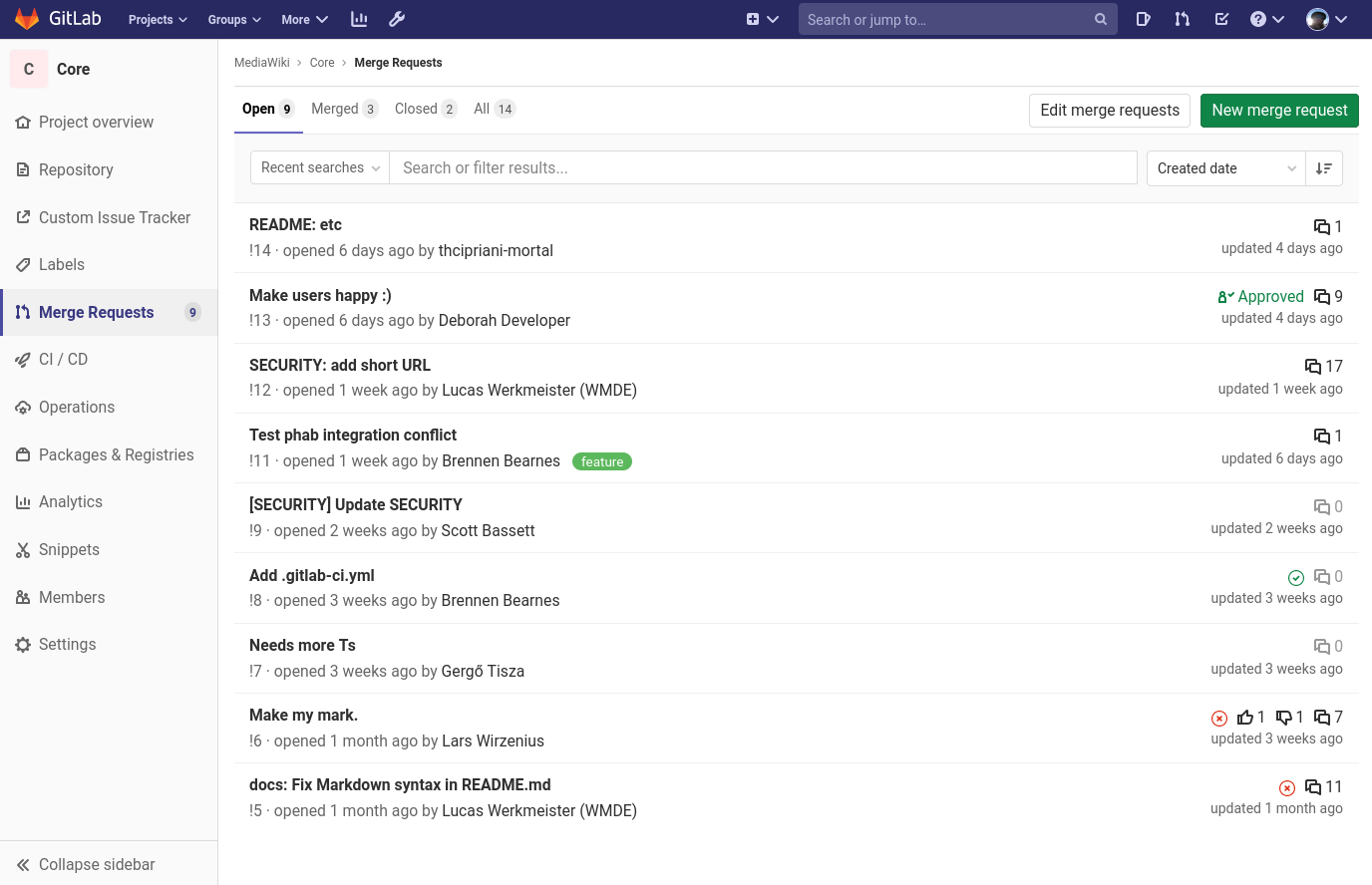 GitLab merge requests list for project workflow