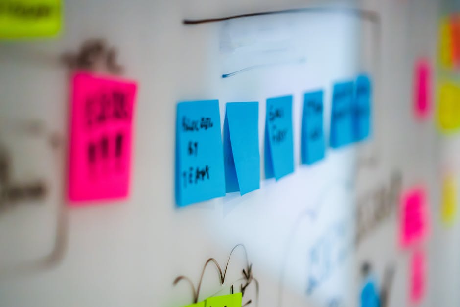 Team conducting retrospective meeting with sticky notes